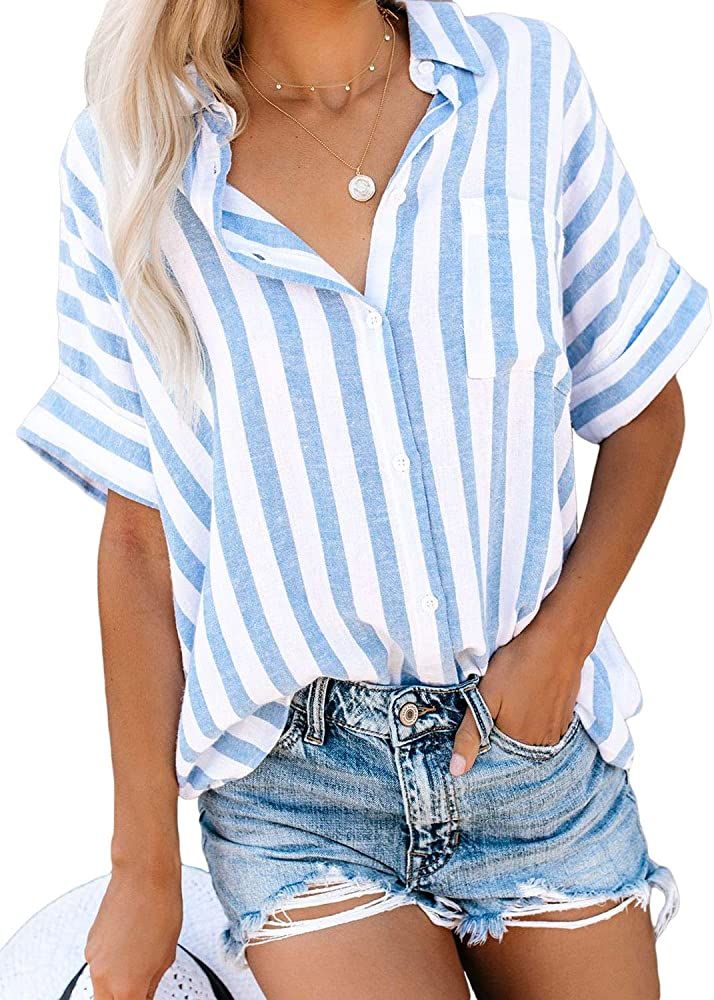 HOTAPEI Womens Summer Blouses Casual V Neck Stripe Short Sleeve Button Down Shirts Tops | Amazon (US)