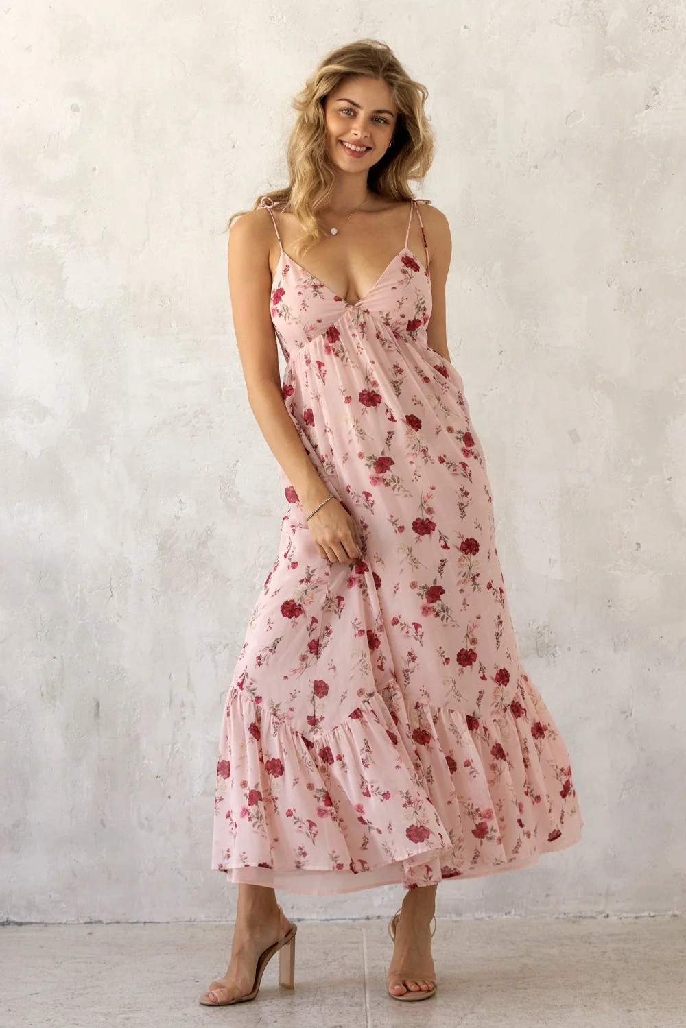 Pink Floral Shoulder Tie Ruffle Hem Maxi Dress - Medium | PinkBlush Maternity