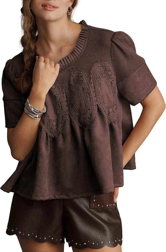 SCUSTY Women's Lace-Detail Flared Suede Blouse Short Sleeve Crew Neck Poplin Mesh Top Elegant Int... | Amazon (US)
