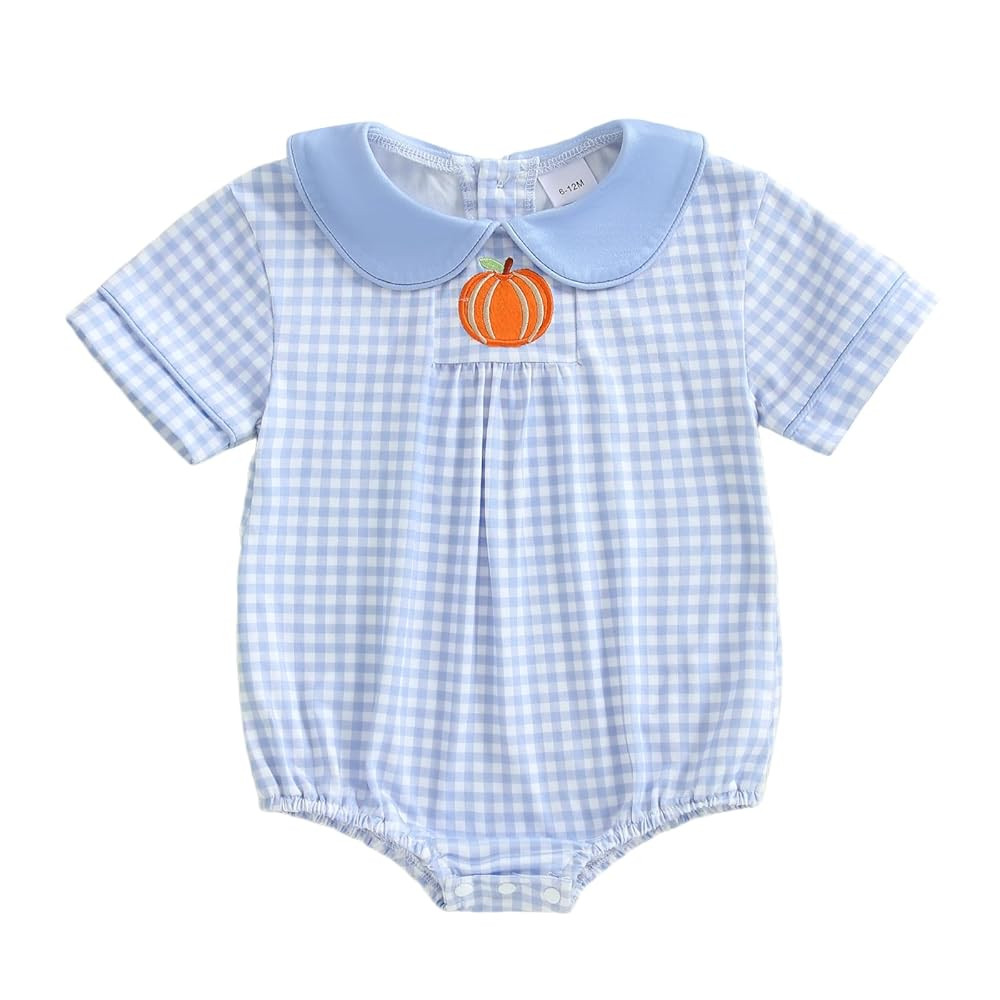 Newborn Baby Boy Girl Halloween Outfit Pumpkin Plaid Bubble Romper Short Sleeve Peter Pan Collar ... | Amazon (US)