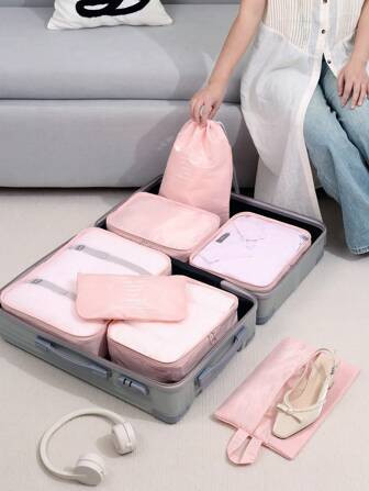 7-delige reisopbergtas Letter Grafische kledingopbergtas, reisorganisatorset, verpakkingskubusset... | SHEIN