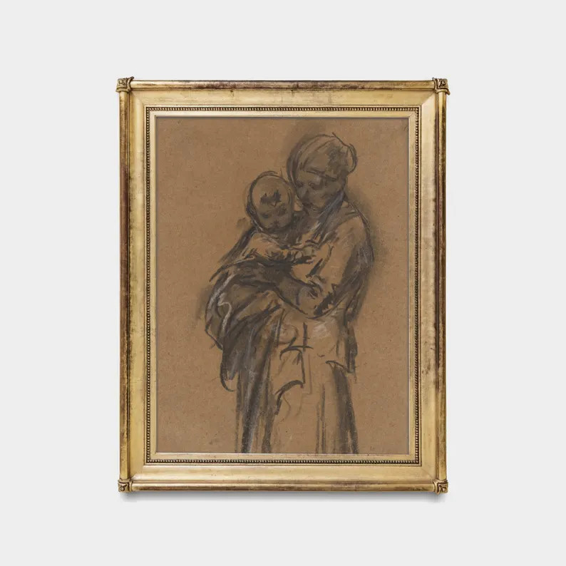 Mother and Child Sketch Art Print: Vintage Neutral Artwork - Etsy | Etsy (US)