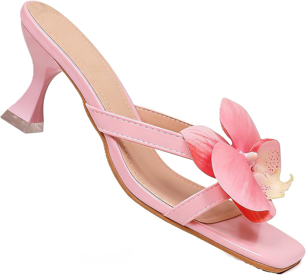 Women's Square Toe Thong Heeled Flip Flops-Kitten Heel Sandals with 3D Orchid Butterfly Rhineston... | Amazon (US)