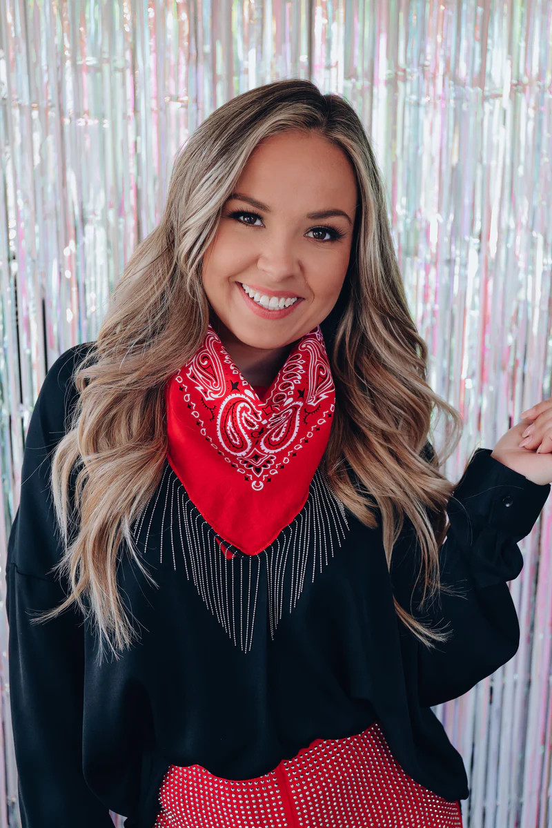 Paisley Bling Fringe Bandana - Red/Chain | Whiskey Darling Boutique