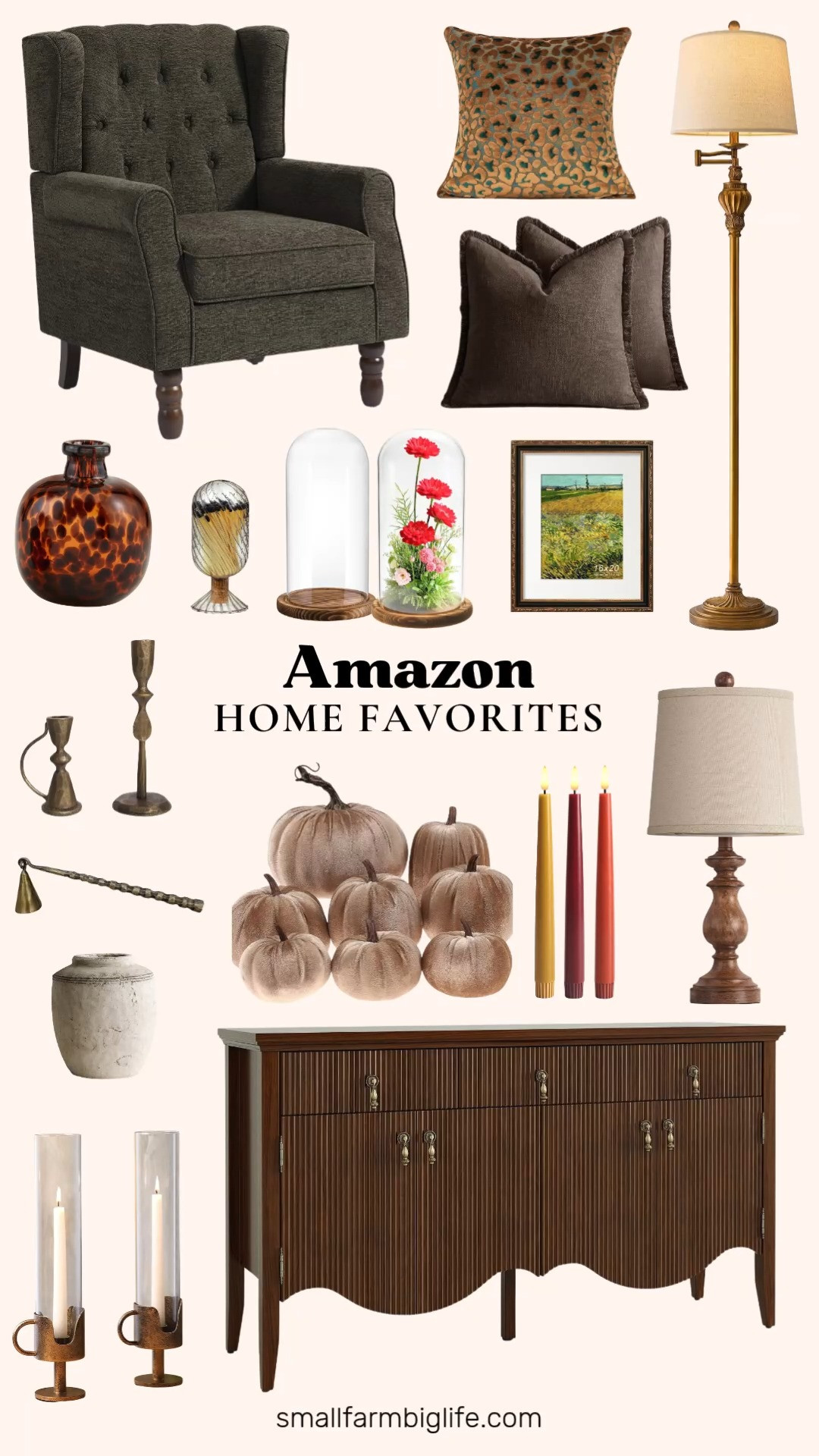 Amazon Home Favorites 🍂 These Amazon home finds bring warm, vintage charm to your space with antique brass, walnut wood, and rich fall colors that make fall decor feel effortless. Anchor the room with a walnut fluted sideboard buffet with a scalloped base and a taupe tufted wingback accent chair. For warm lighting, add an antique gold swing arm floor lamp and a pair of rustic farmhouse table lamps with linen shades. Candlelight is so cozy this time of year: set Bordeaux, terra cotta, and caramel flameless taper candles in antique brass cast iron candlesticks or vintage hurricane candle holders, and keep a smoke grey glass match cloche and an antique gold candle snuffer nearby. Style shelves and tables with a large tortoise glass vase, a rustic terracotta vase, glass cloche domes with dark wood bases, champagne velvet pumpkins, and a black and antique gold ornate picture frame. Finish your sofa with chocolate brown fringe pillow covers and a green and brown floral velvet pillow. Everything you need for cozy fall and Thanksgiving decor!

#amazonhome #amazonfinds #falldecor #vintagehomedecor #cozyhome #thanksgivingdecor 

 #LTKSeasonal #LTKHome