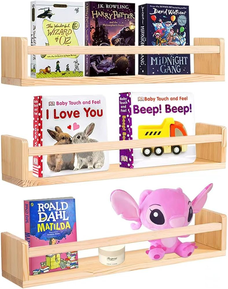 24 Inch Floating Bookshelves, Handmade Natural Wood Wall Shelf, Wall Book Shelf for Kitchen Spice... | Amazon (US)