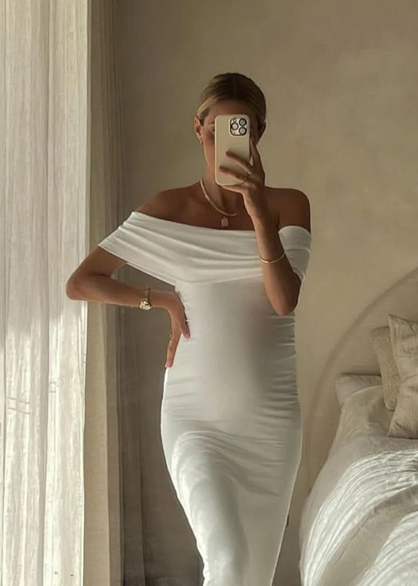 The Bianca Dress | Shop Off-The-Shoulder Maternity Dress | BUMPSUIT | BUMPSUIT