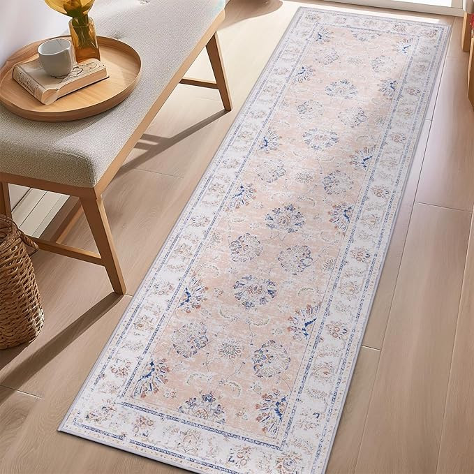 jinchan Runner Rug 2x6 Kitchen Washable Rug Low Pile Vintage Rug Hallway Rug Pink Floral Print No... | Amazon (US)