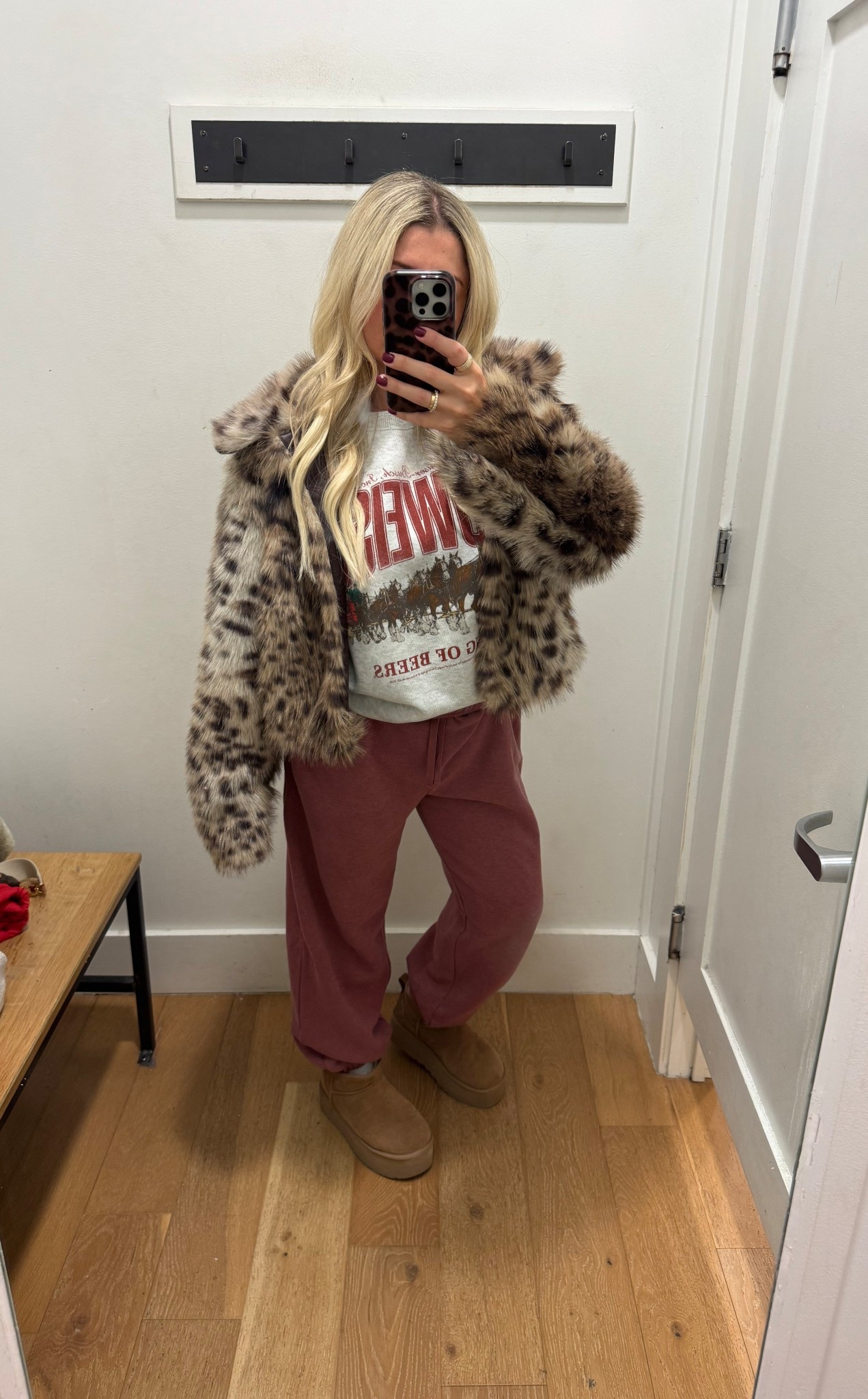 Cozy holiday outfit on sale
Small leopard jacket 
M Budweiser sweater
Small sweatpants 
Ugg boots tts
American eagle outfit 

#LTKSaleAlert #LTKShoeCrush #LTKGiftGuide