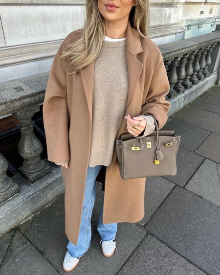 All Beige Outfit, Mango wool beige coat, Arket beige alpaca jumper, Cos white tshirt, Abercrombie baggy low rise blue jeans, styled with Adidas Spezial and Hermes Birkin 25 etoupe with gold hardware 

#LTKshoecrush #LTKSeasonal #LTKitbag