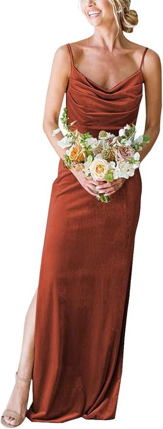 Amazon.com: Bridesmaid Dresses Velvet Cowl Neck Long Modern Prom Formal Wedding Party Dress with ... | Amazon (US)