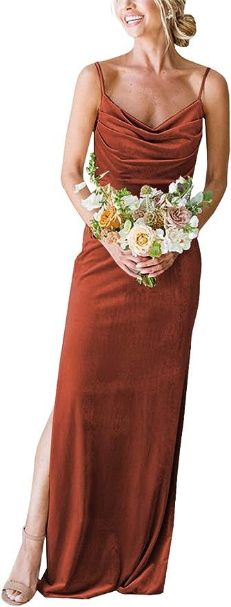 Women's Cowl Neck Velvet Bridesmaid Dresses Long Modern Formal Wedding Guest Dress with Side Slit... | Amazon (US)