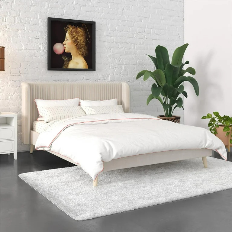 Novogratz Holly Upholstered Wingback Bed Frame, Queen, Ivory Velvet | Walmart (US)
