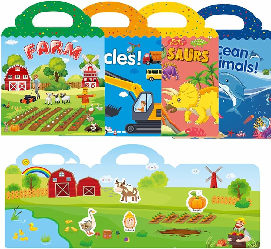 Sticker Books for Kids 2-4, Reusable Sticker Book Dinosaur, Vehicle, Farm and Ocean 4 Packs Activ... | Amazon (US)