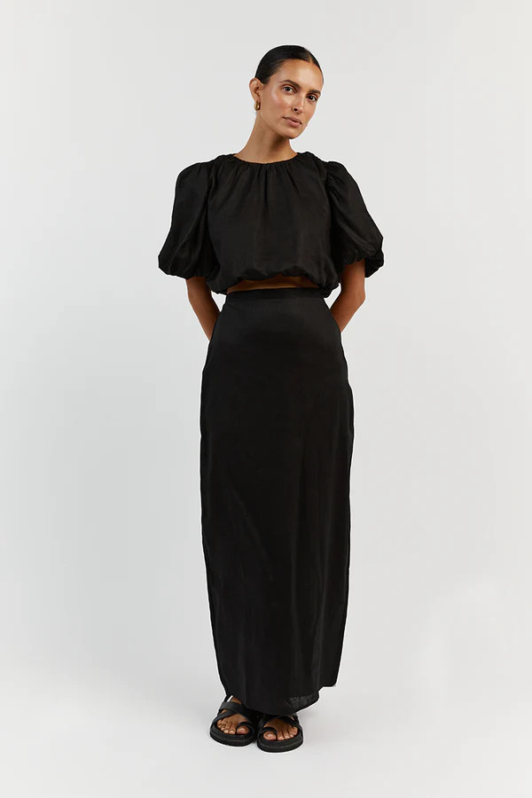 NAT BLACK GATHERED LINEN CROP TOP | DISSH