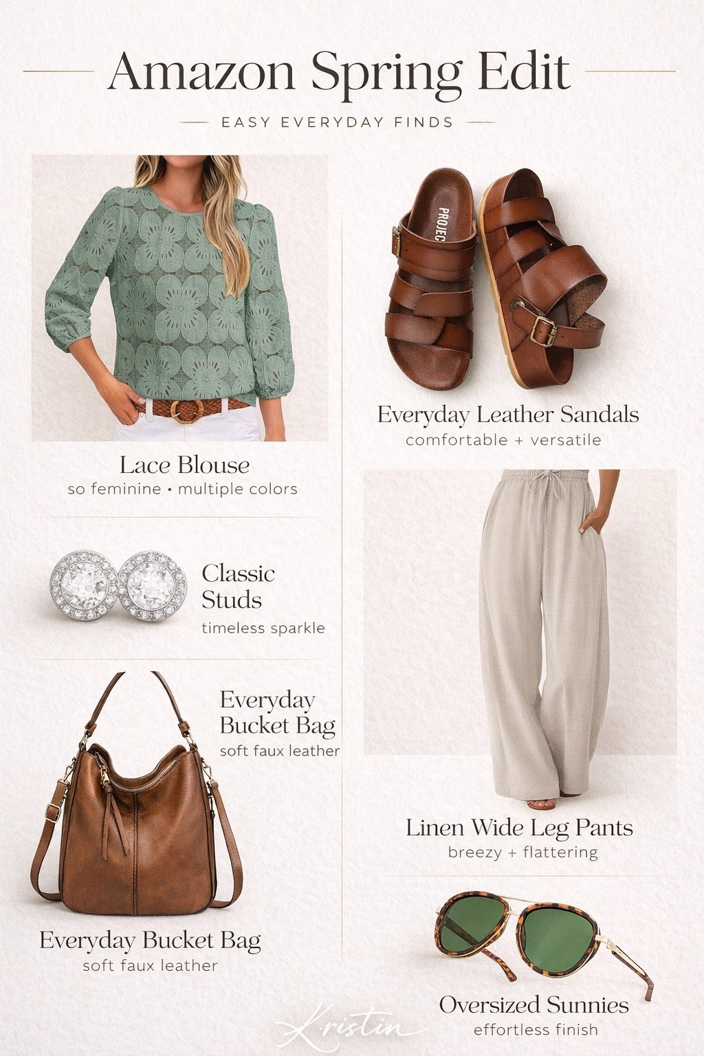 Easy Amazon spring outfit, but make it elevated 🤍
These are the pieces I keep reaching for — comfy, neutral, and actually wearable every day.

✔️ lace blouse (so flattering)
✔️ linen pants (lightweight + breezy)
✔️ leather sandals (SO comfy)
✔️ everyday bag + classic accessories

Everything comes in multiple colors 🙌🏼

#amazonfashion #amazonfinds #amazonstyle #springoutfit #neutralstyle #everydaystyle #casualoutfit #ltkstyle #ltkfashion #ltkfinds #momstyle #effortlessstyle #classicstyle #springfashion #amazonoutfit

#LTKootd #LTKSaleAlert #LTKU