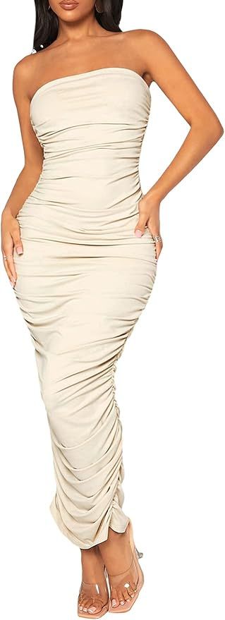 Verdusa Women's Solid Ruched Strapless Backless Bodycon Maxi Tube Dress | Amazon (US)