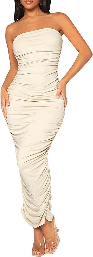Verdusa Women's Solid Ruched Strapless Backless Bodycon Maxi Tube Dress | Amazon (US)