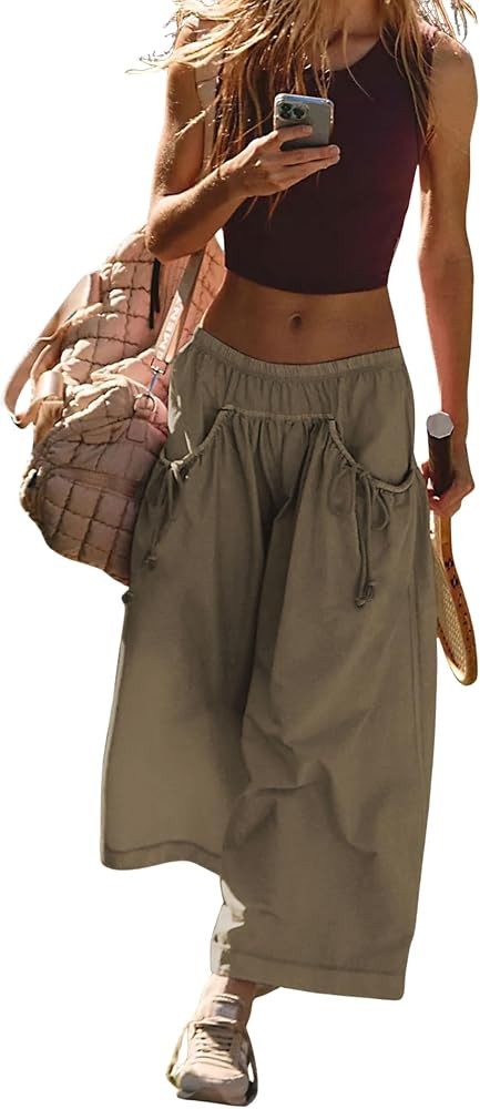 Hooever Women's Loose Wide Leg Track Pants Drawstring Pockets Elastic Waist Capri Hiking Pants | Amazon (US)