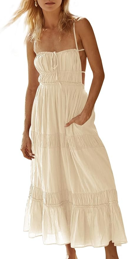 Wenrine Womens Summer Beach Dresses Backless Spaghetti Straps Self Tie Tiered Flowy Casual Maxi D... | Amazon (US)