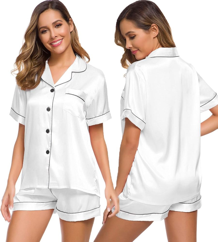 SWOMOG Womens Silk Satin Pajamas Set Two-piece Pj Sets Sleepwear Loungewear Button-Down Pj Sets | Amazon (US)