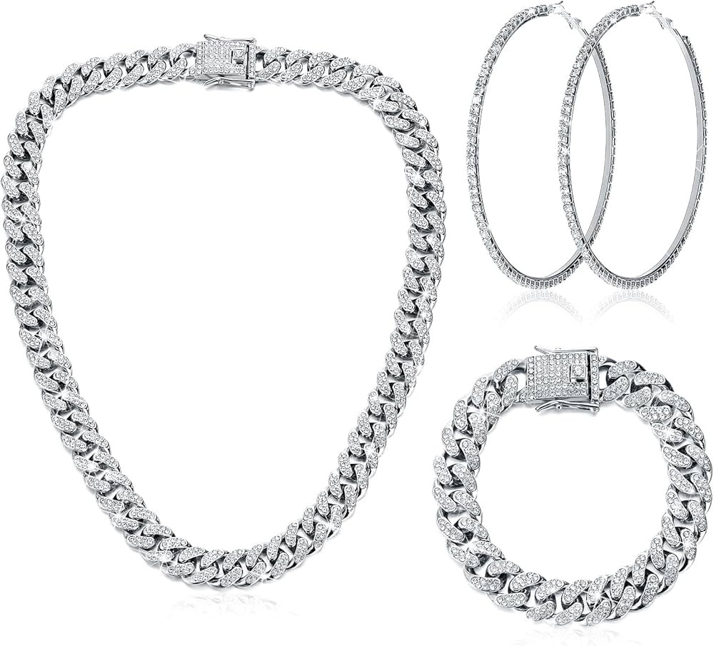 Batiyeer Link Chain Necklace Bracelet Rhinestone Earrings Bling Necklace Bracelet Crystal Big Cir... | Amazon (US)