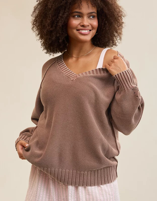 Aerie Vintage Cotton V Neck Sweater | Aerie