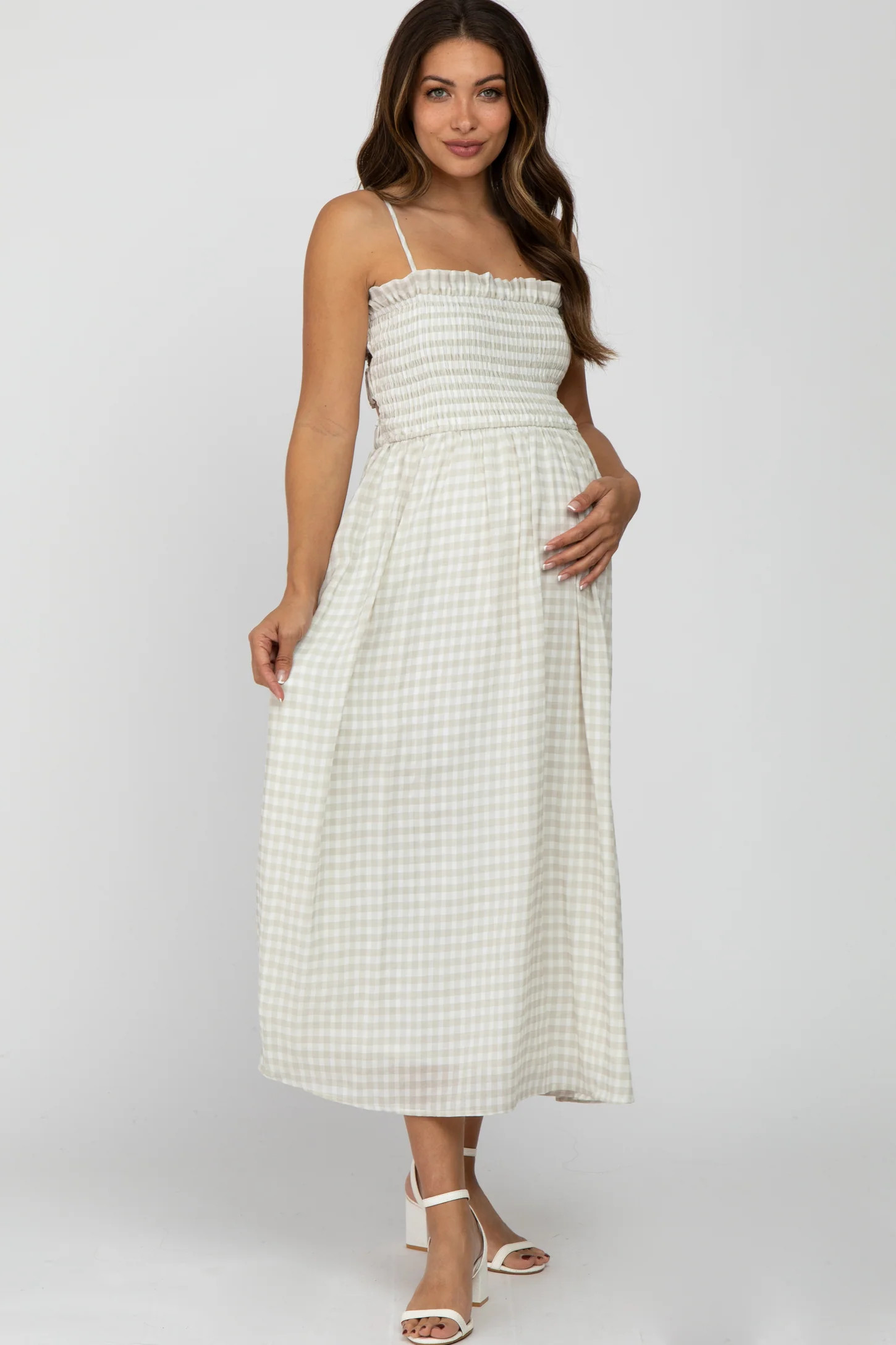 Taupe Checkered Square Neck Smocked Maternity Midi Dress | PinkBlush Maternity