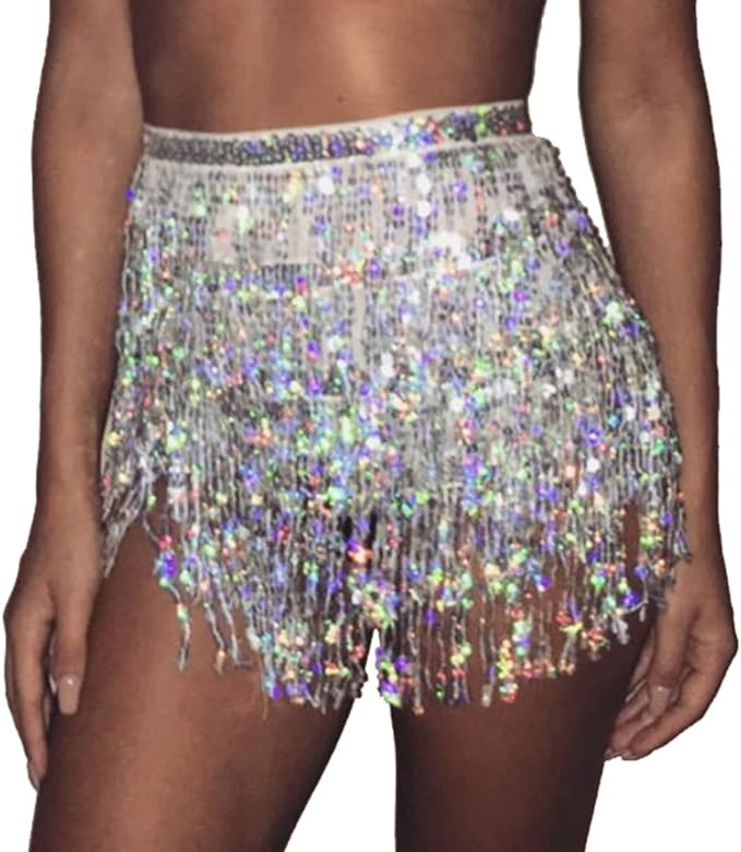 Women's Sequin Tassel Skirts Rave Fringe Hip Scarf for Festival | Amazon (US)