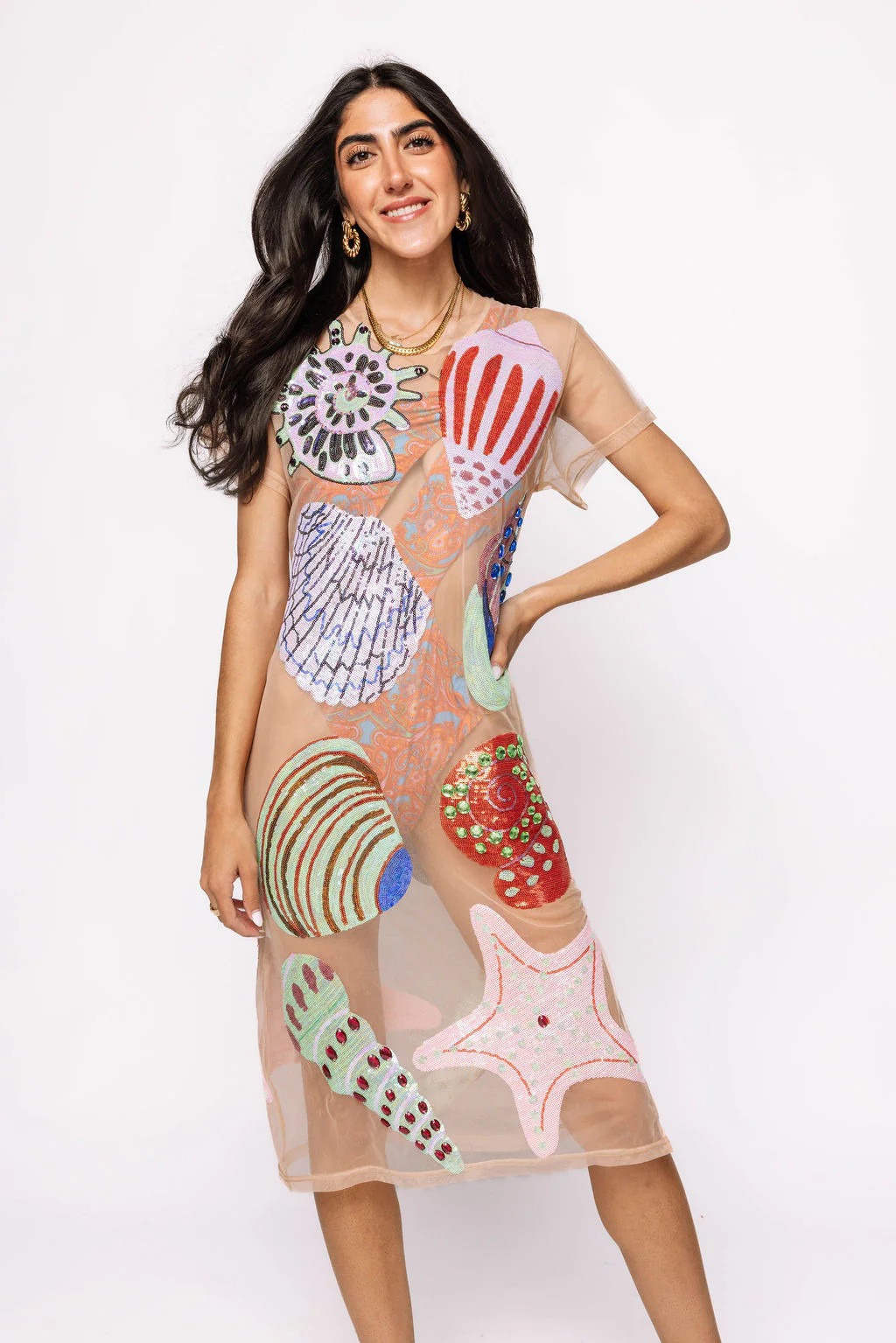 Beige Multi Shell Coverup Midi Dress | Queen of Sparkles