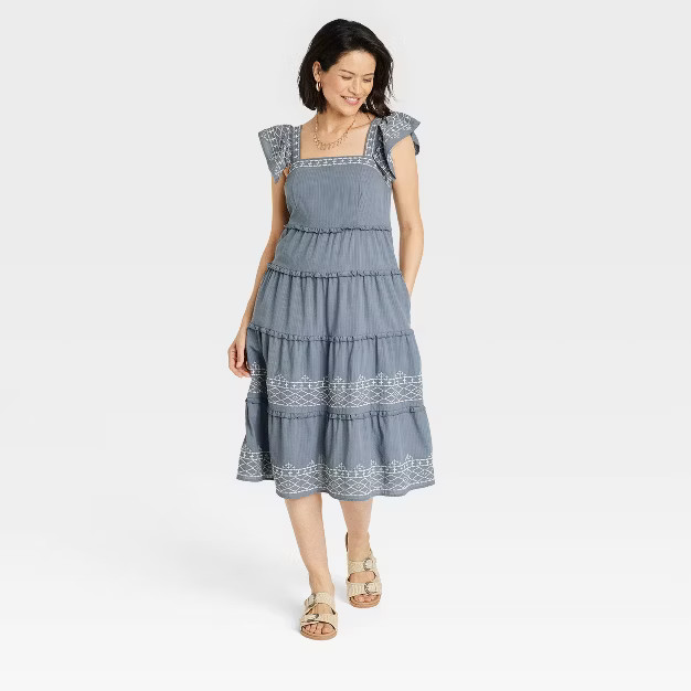 Women's Ruffle Short Sleeve Embroidered Tiered A-Line Dress - Knox Rose™ Gray S | Target