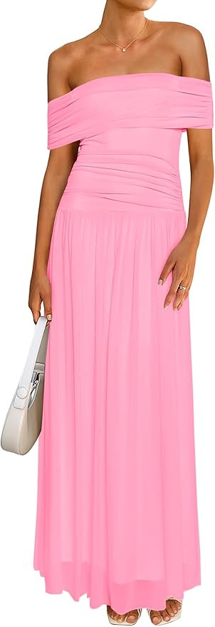 MASCOMODA Women Off The Shoulder Mesh Maxi Dress Bodycon Ruched Formal Sleeveless Pleated Cocktai... | Amazon (US)
