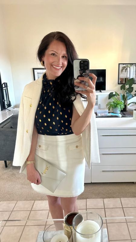 Classic summer outfit idea: A chic polka dot halter top, white skirt, white blazer, designer clutch and espadrilles. This look reminds me of Pretty Woman meets country club meets nautical vibe. You can rent this skirt and other chic apparel by popular brands from FashionForwardBox.com. Try FREE for 30 days! #NSale #LtkxNsale

#LTKSeasonal #LTKunder100 #LTKstyletip