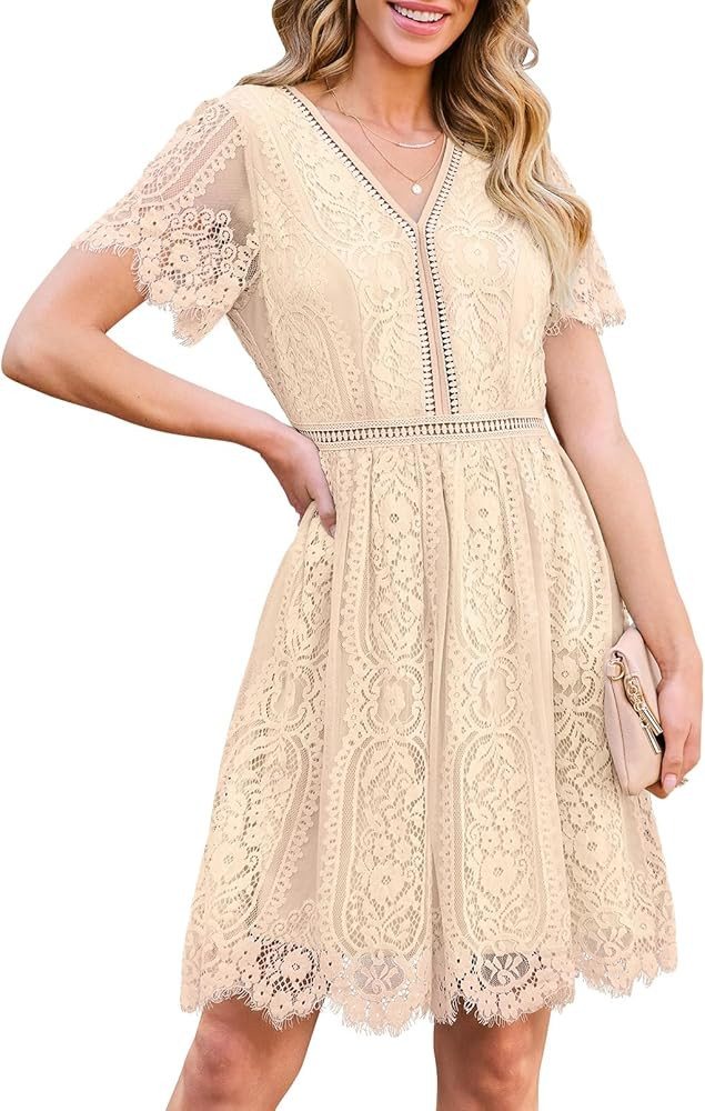 MEROKEETY Women's V Neck Floral Lace Wedding Dress Short Sleeve Cocktail Party Dress | Amazon (US)
