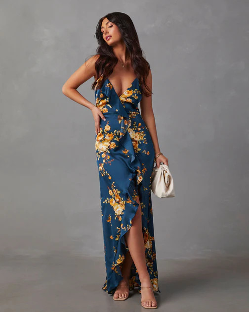 Capriccio Satin Floral Ruffle Maxi Dress | VICI