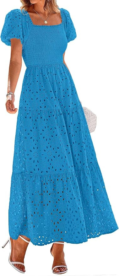 PRETTYGARDEN Summer Dresses for Women 2026 Eyelet Square Neck Puff Sleeve Smocked Wedding Guest M... | Amazon (US)