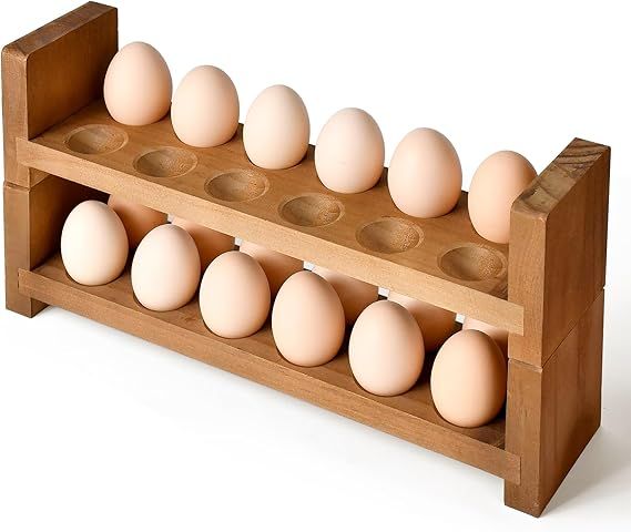 Sishynio Double Layer Egg Tray Holder Countertop - Wooden Fresh Egg Rack Stackable Storage Basket... | Amazon (US)