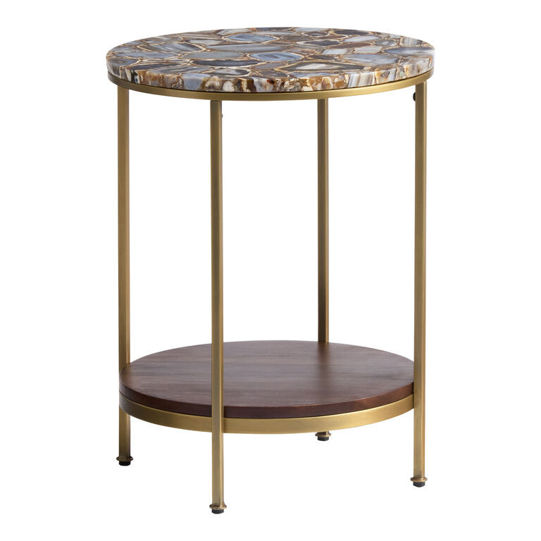 Justine Round Agate Slice and Wood Side Table with Shelf | World Market