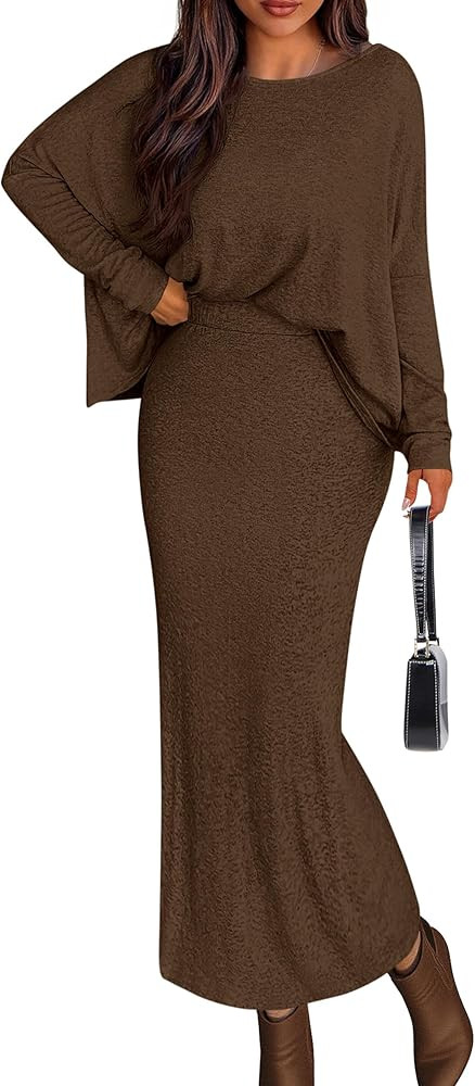 PRETTYGARDEN Women's Fall 2025 Two Piece Matching Skirt Sets Long Sleeve Tops Maxi Long Slit Body... | Amazon (US)