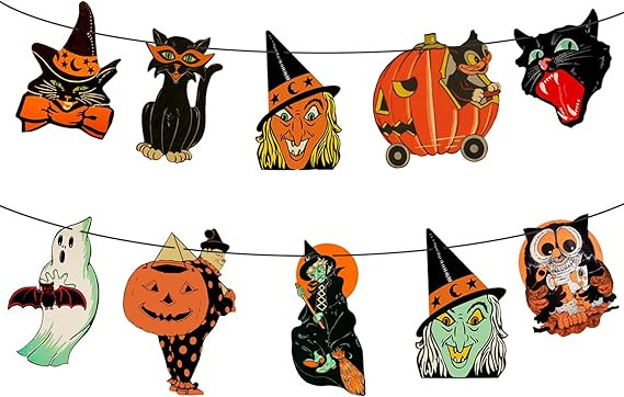 Retro Halloween Banner, Vintage Halloween Bunting, Ghost Witch Owl Black Cat Party Sign, Hallowee... | Amazon (US)