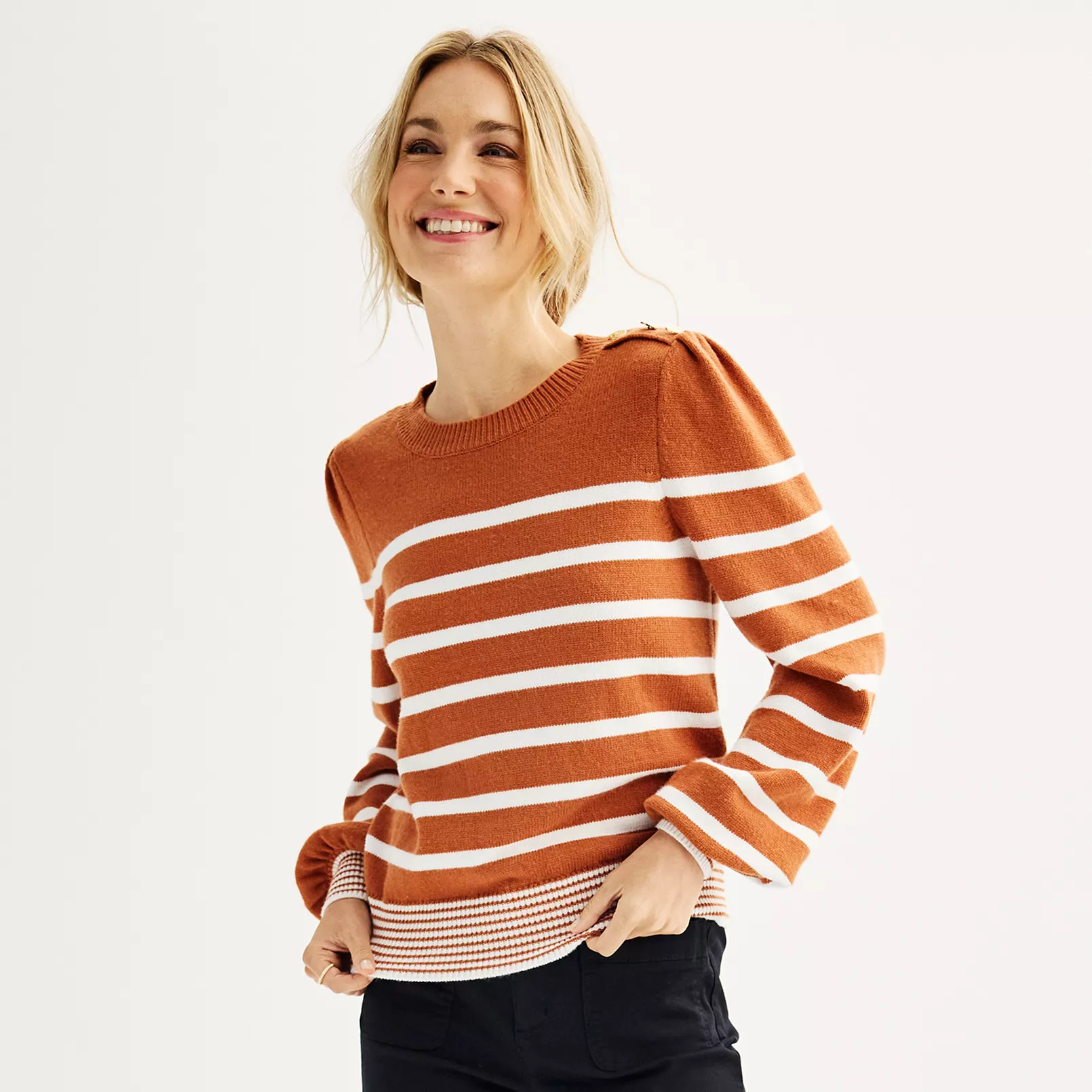 Women's DRAPER JAMES RSVP™ Button Shoulder Puff Sleeve Crewneck Sweater | Kohl's