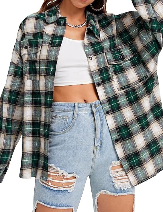 Lumister Womens' Oversized Flannel Plaid Shirt Long Sleeve Drop Shoulder Lapel Button Down Shirt ... | Amazon (US)