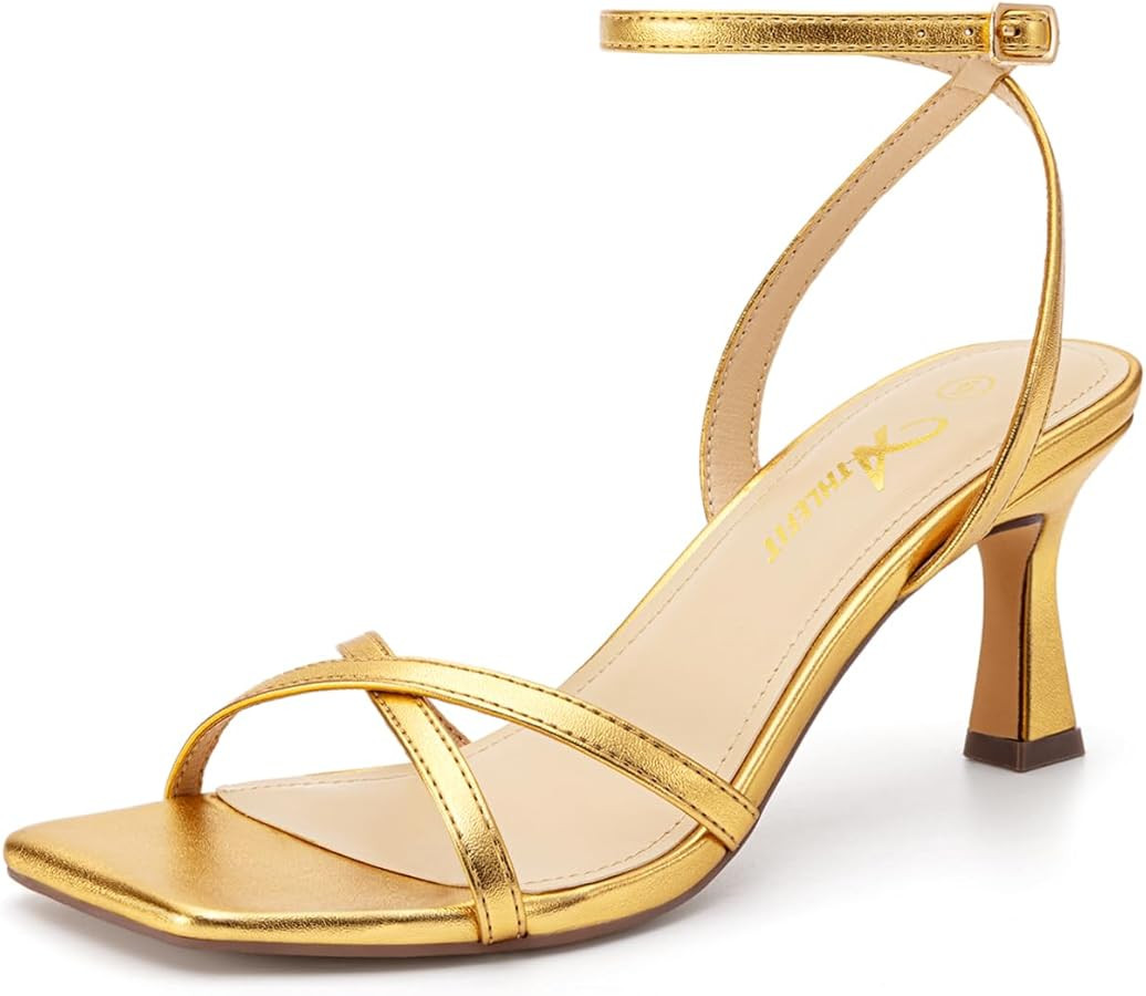 Athlefit Kitten Heels for Women Square Open Toe Strappy Heeled Sandals Ankle Strap Dress High Hee... | Amazon (US)