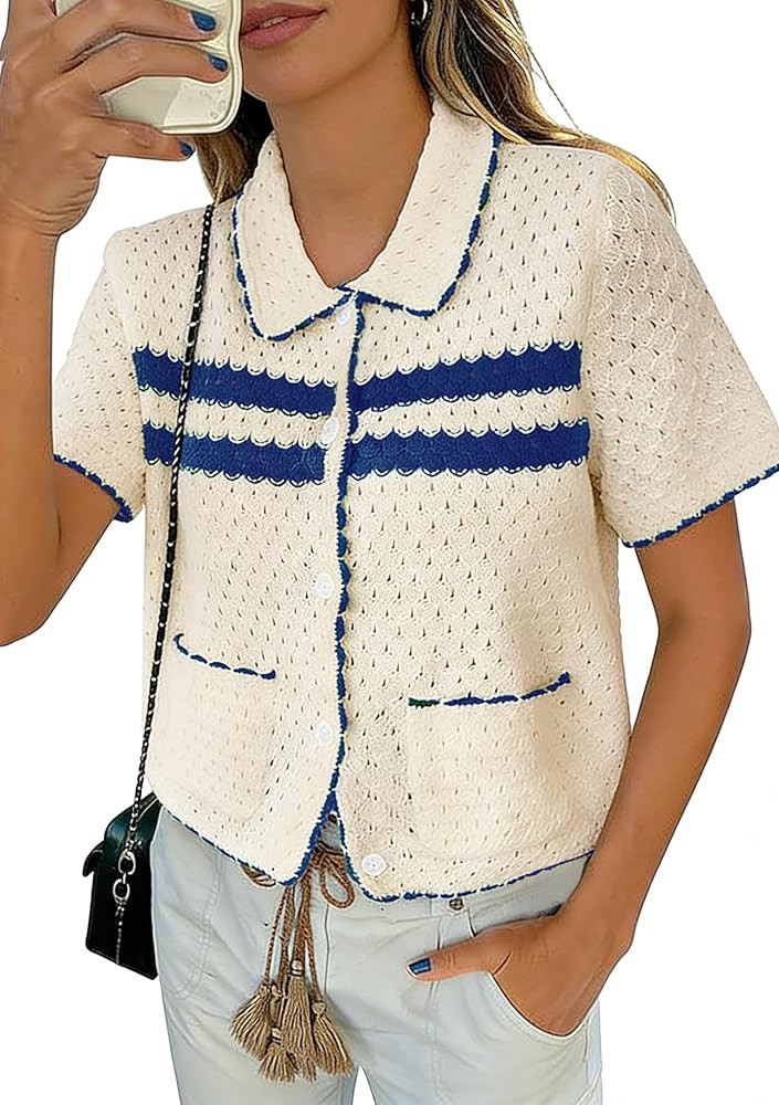 Yousify Womens Casual Summer Short Sleeve Sweaters Button Down Crochet Knit Tops 2026 Loose Cute ... | Amazon (US)
