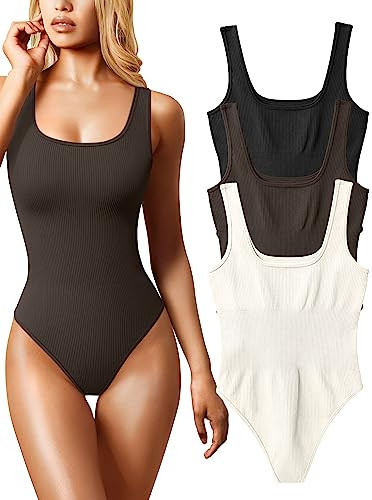 OQQ Women's 3 Piece Bodysuits Sexy Ribbed Sleeveless Square Neck Sleeveless Tank Tops Bodysuits Black Darkbrown Beige | Amazon (US)