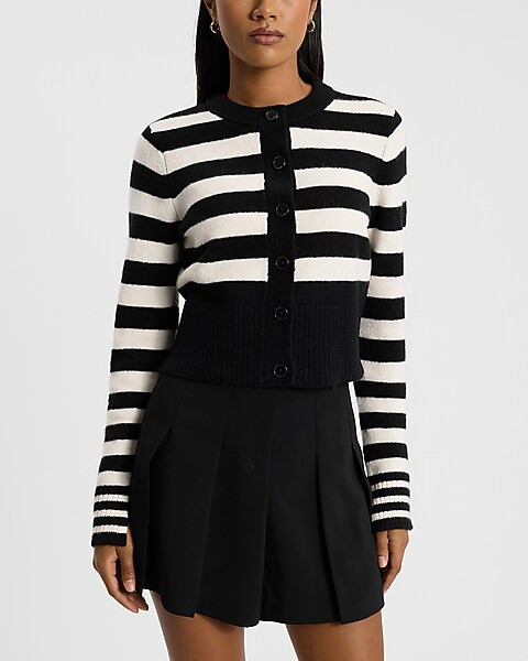 Striped Crew Neck Button Front Cropped Cardigan | Express