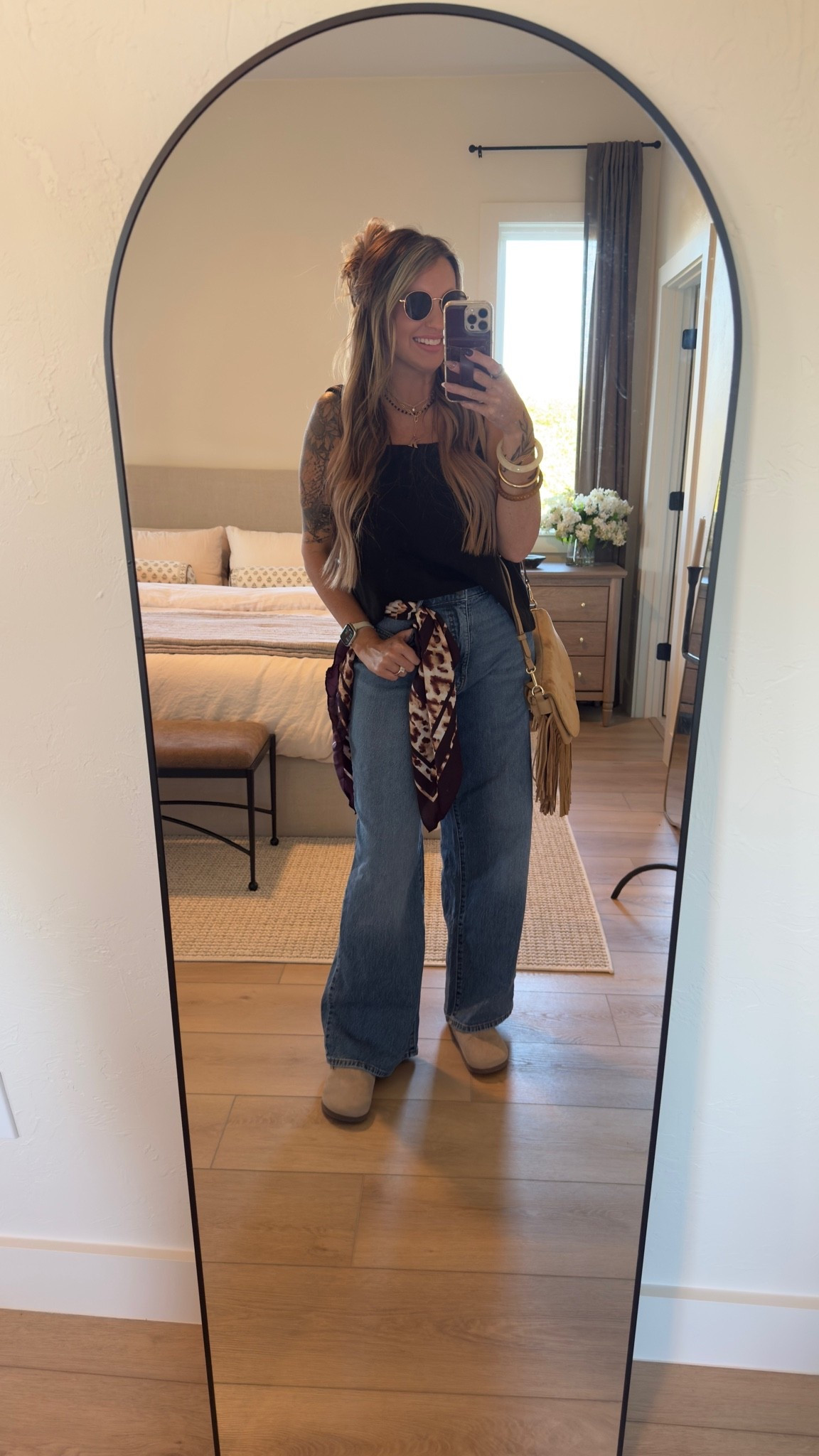 Casual “fall” outfit for those of us in the south where it will be hot for a while longer! Love this scarf tied around my belt loop! This suede fringe bag from Walmart is the perfect beige color for the fall season!

#LTKMidsize #LTKootd