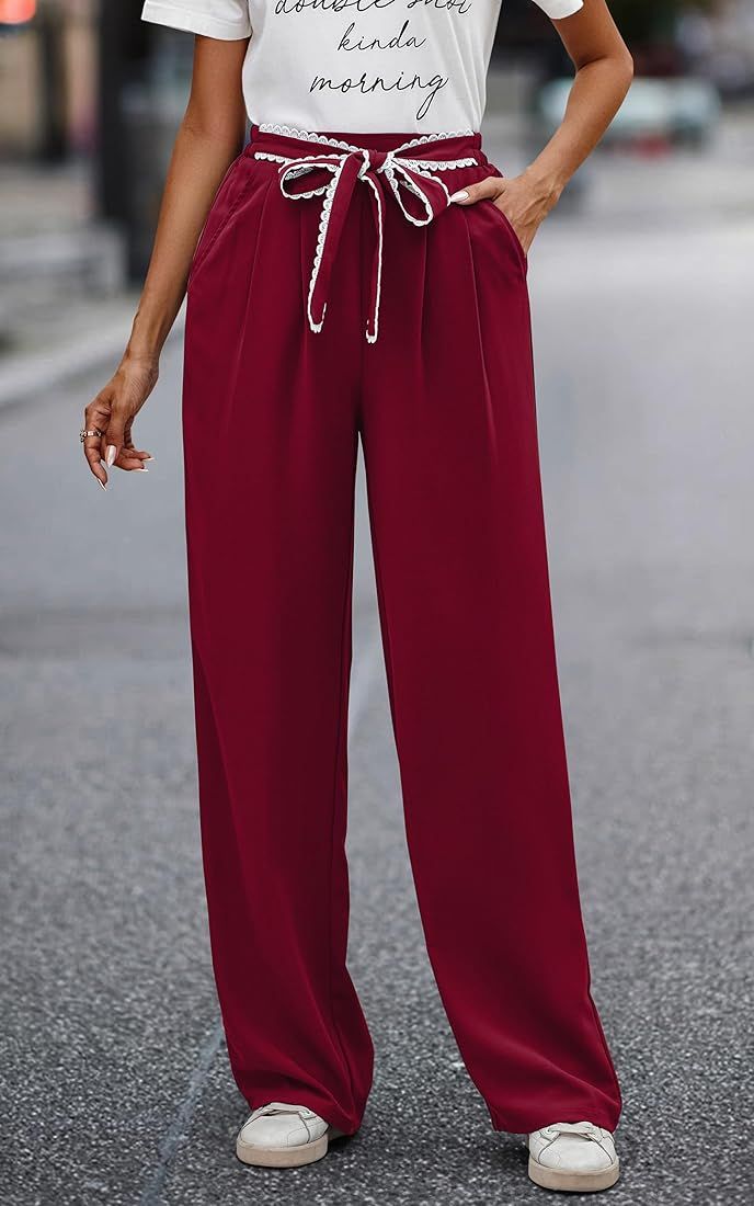 ECOWISH Women Pants High Waist - 2023 Wide Leg Yoga Work Lace Tie Casual Trousers Palazzo Business L | Amazon (US)