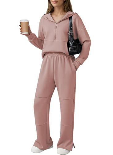 Sweat Sets for Women Two Piece Vacation Outfits Winter Long Sleeve Tracksuit Wide Leg Loungewear Fall Sweatsuit Loose Fit Y2k Sweat Suits for Womens 2 Piece Zip Up Dirty Pink XL | Amazon (US)