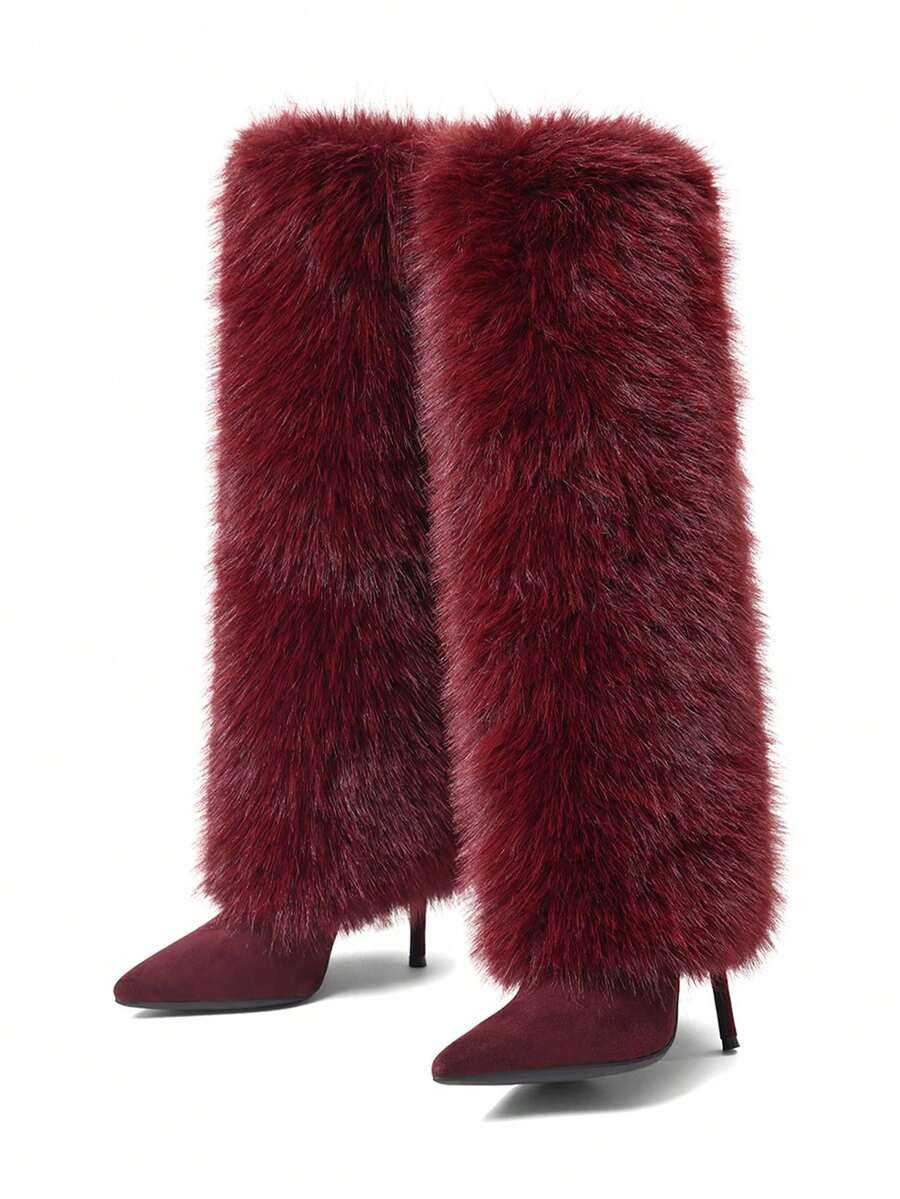 Women's Y2K Furry Fluffy Fold Over Knee High Boots Fashion Pointed Toe Stiletto High Heels Sexy E... | SHEIN